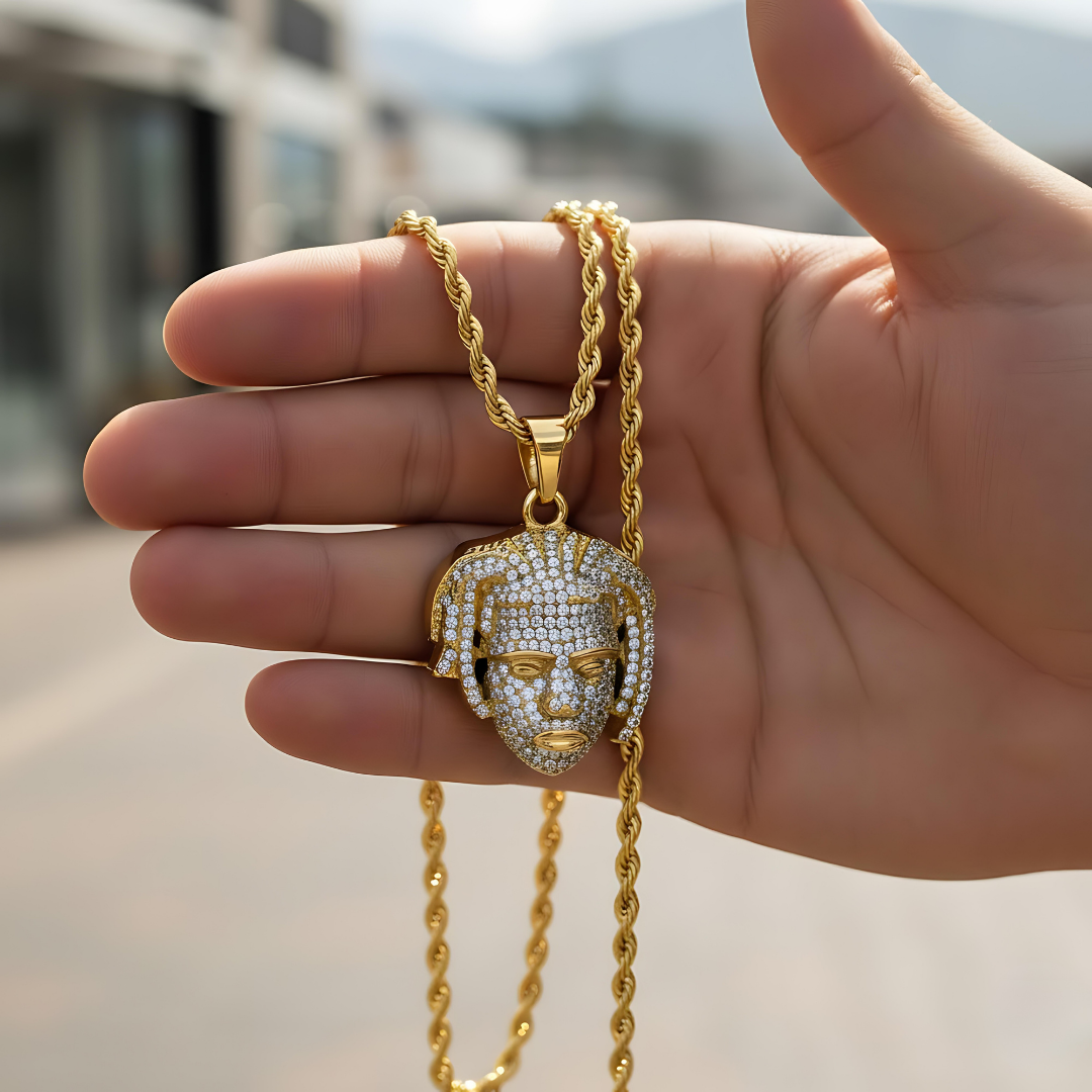 18K Gold Filled Micro-Pavé Dreadlocks Face Pendant Necklace – Iced Out 3D Figure CZ Rope Chain Necklace for Men & Women